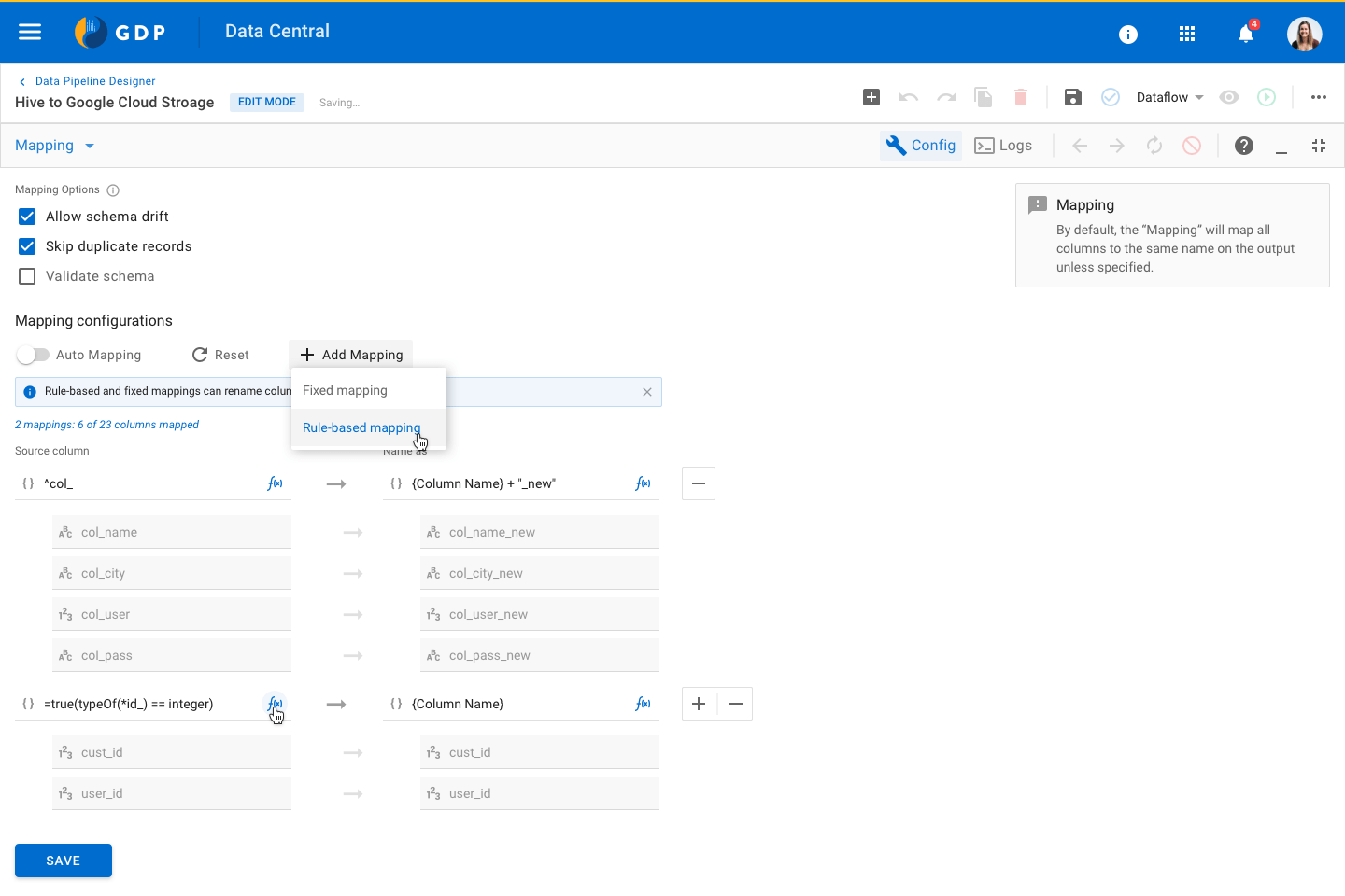 Configuration panel for a Mapping node