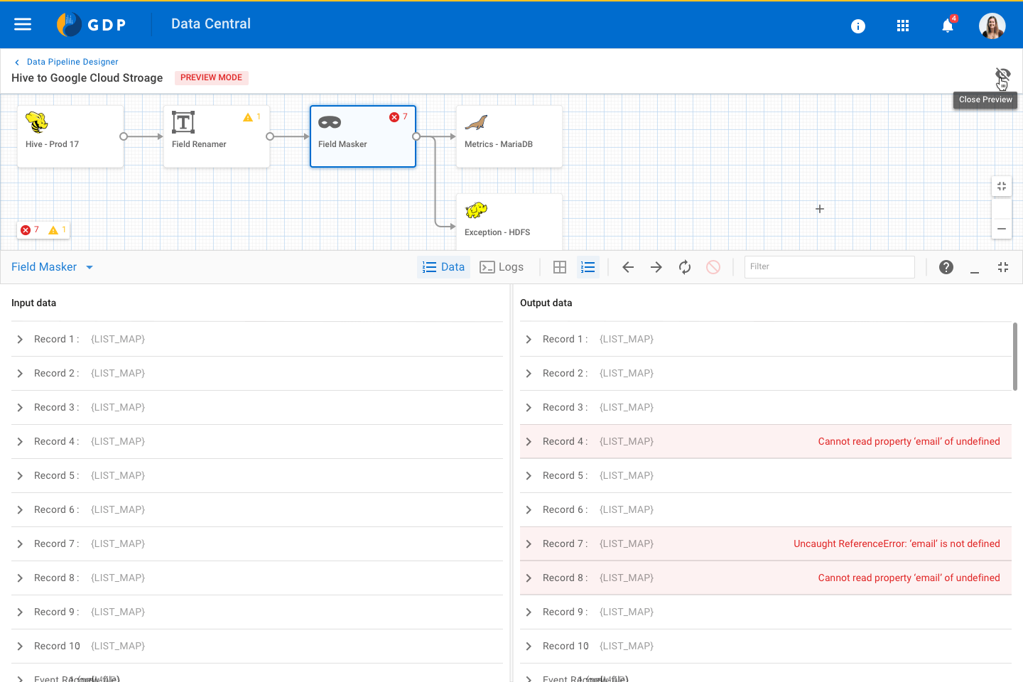 Preview mode for a Pipe