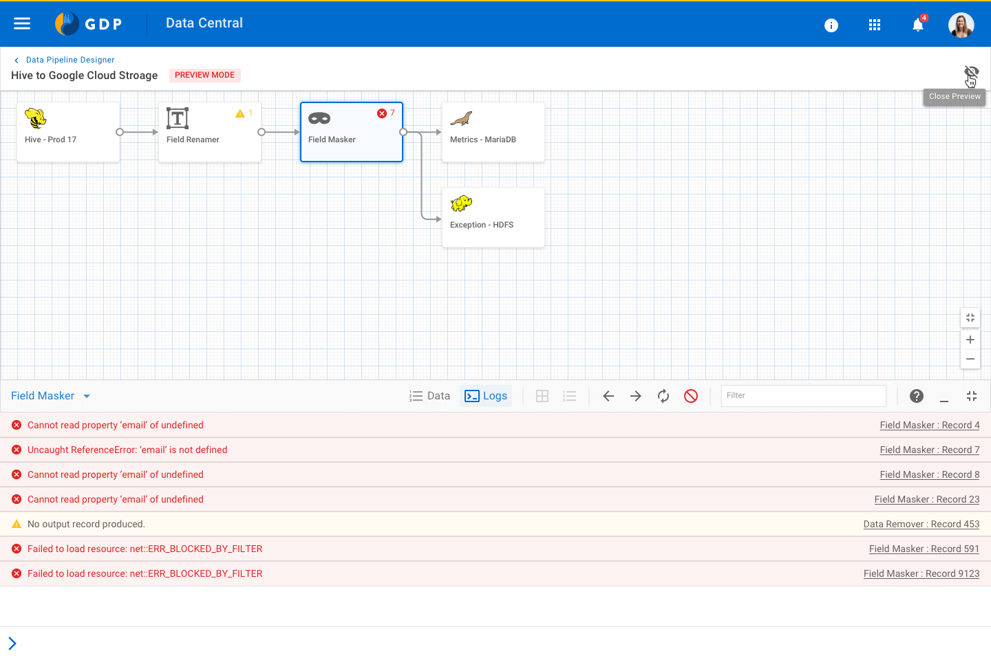 Console / error logs for a Pipe